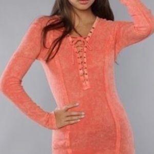 Free People Chilton Lace up Long Sleeve Coral Pink Top y2k V Neck Stretchy Small